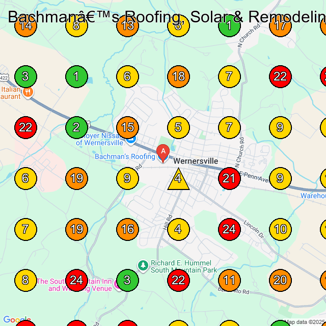 Bachman's Roofing, Solar & Remodeling Roofing Contractor GeoGrid ranking map for Wernersville PA